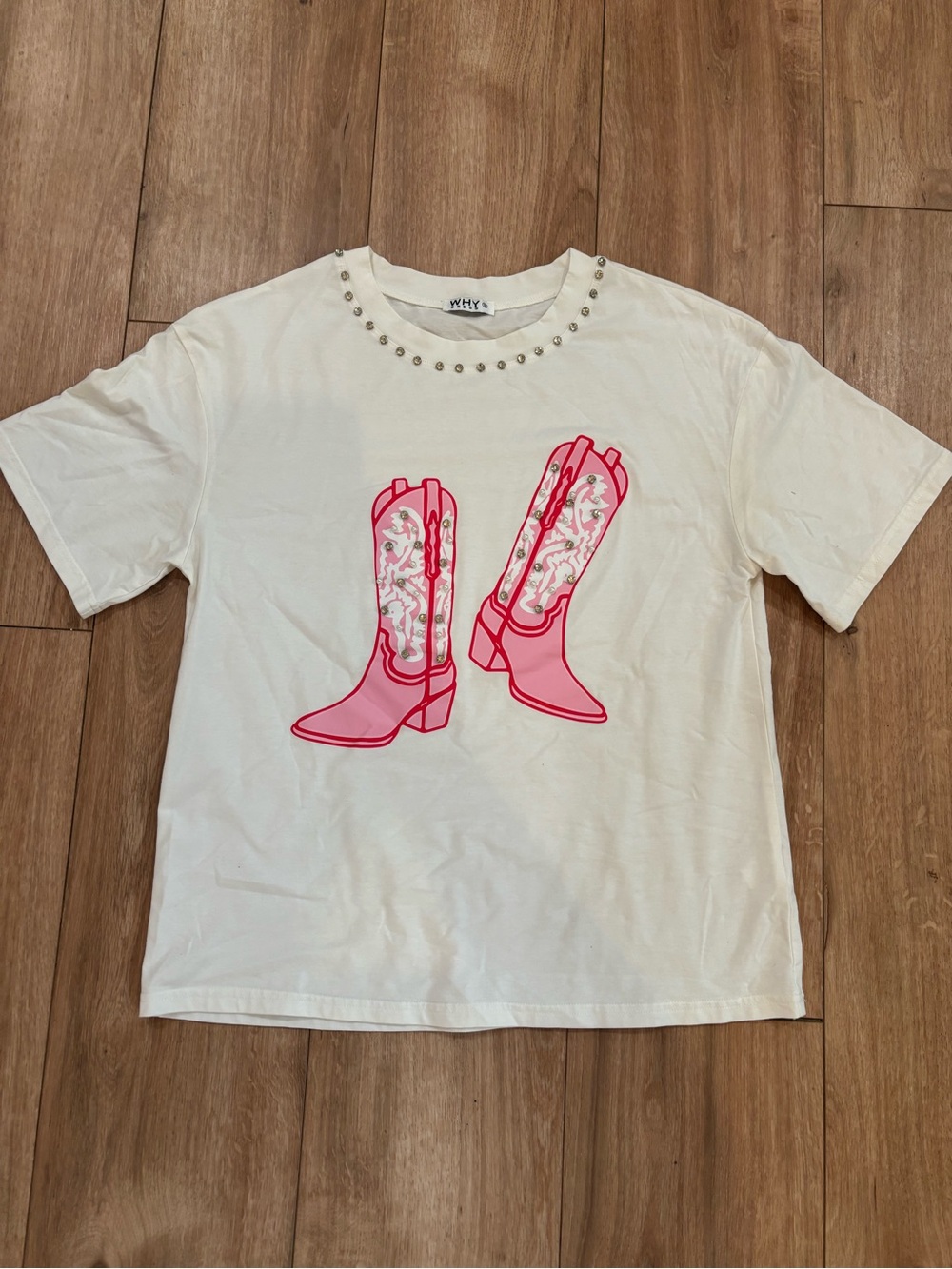 Women’s Small WHYT White Tee with Pink Cowboy Boot Graphic and Studded Neckline